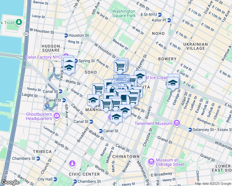 map of restaurants, bars, coffee shops, grocery stores, and more near 226 Lafayette Street in New York
