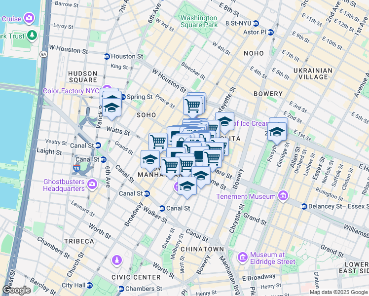 map of restaurants, bars, coffee shops, grocery stores, and more near 226 Lafayette Street in New York