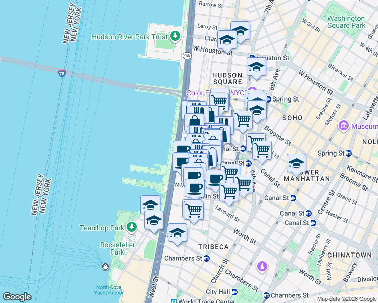map of restaurants, bars, coffee shops, grocery stores, and more near in New York