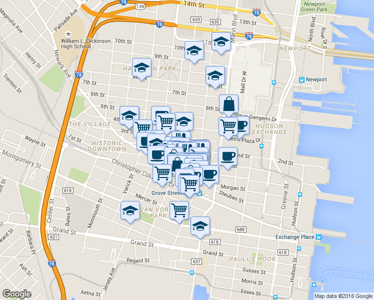 map of restaurants, bars, coffee shops, grocery stores, and more near in Jersey City
