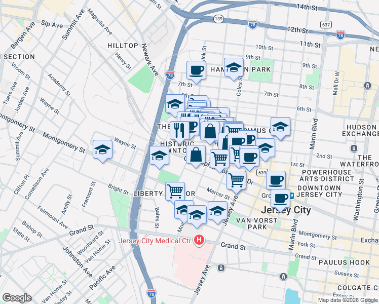 map of restaurants, bars, coffee shops, grocery stores, and more near 357 1st Street in Jersey City