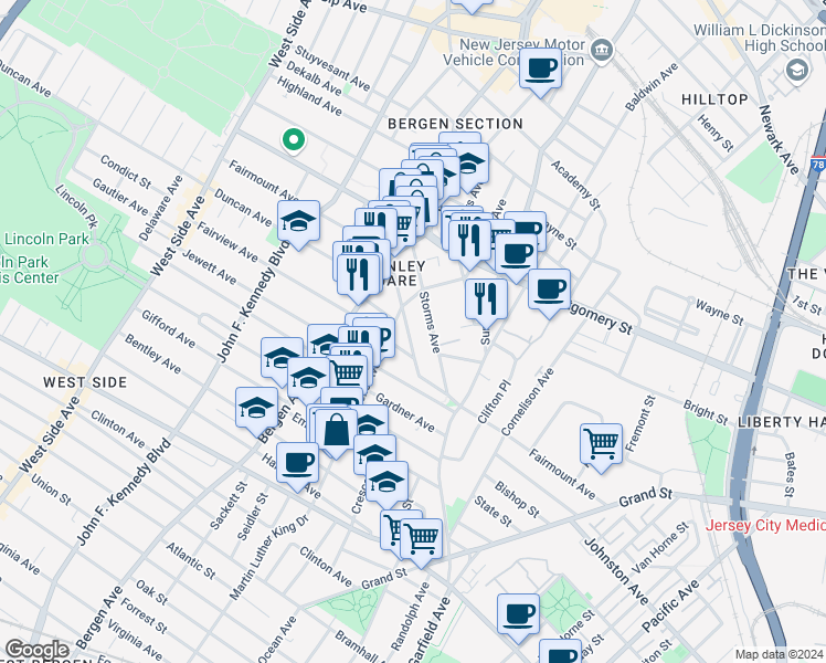 map of restaurants, bars, coffee shops, grocery stores, and more near 212 Fairmount Avenue in Jersey City