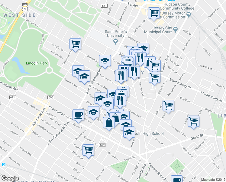 map of restaurants, bars, coffee shops, grocery stores, and more near in Jersey City
