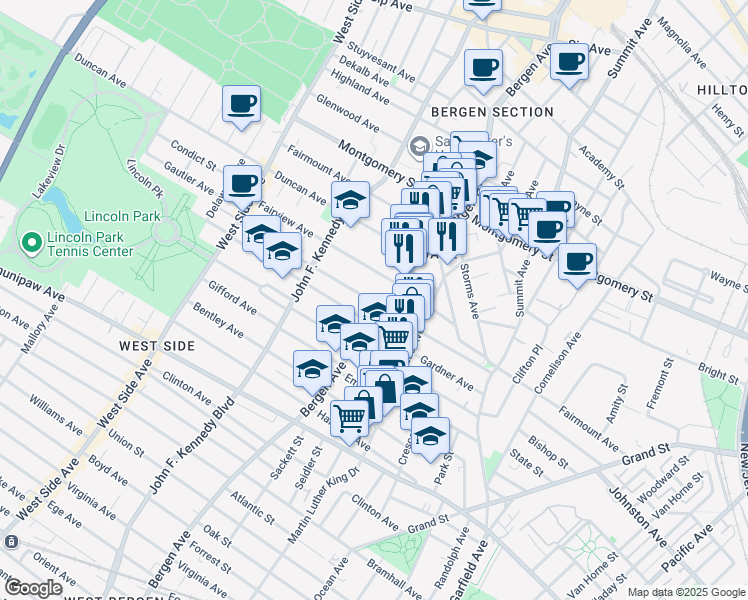 map of restaurants, bars, coffee shops, grocery stores, and more near in Jersey City