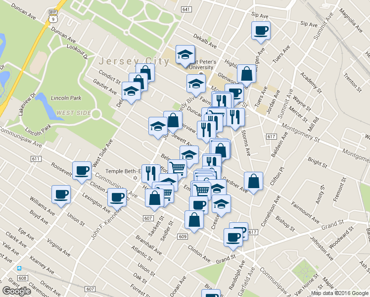map of restaurants, bars, coffee shops, grocery stores, and more near 19 Kensington Avenue in Jersey City
