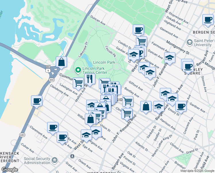 map of restaurants, bars, coffee shops, grocery stores, and more near 19 Delaware Avenue in Jersey City