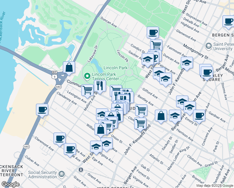 map of restaurants, bars, coffee shops, grocery stores, and more near 19 Delaware Avenue in Jersey City