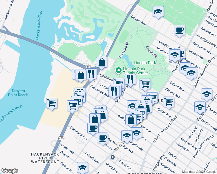 map of restaurants, bars, coffee shops, grocery stores, and more near 259 Lexington Avenue in Jersey City