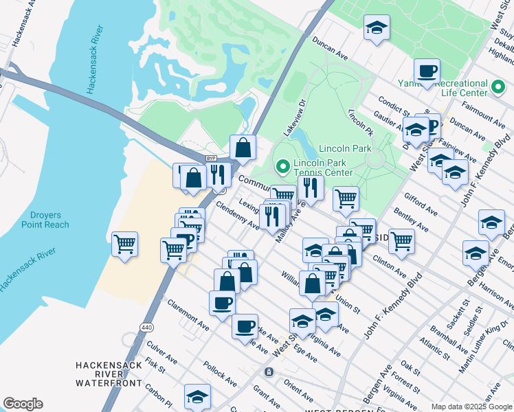 map of restaurants, bars, coffee shops, grocery stores, and more near 259 Lexington Avenue in Jersey City