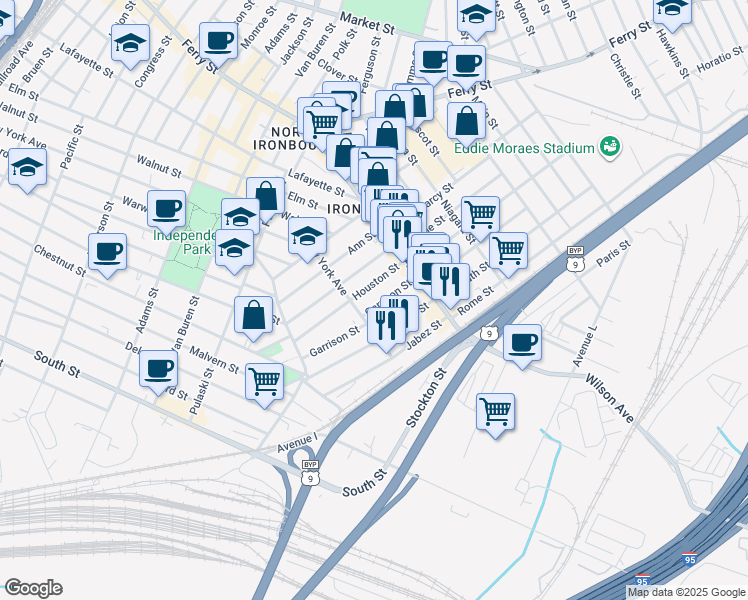 map of restaurants, bars, coffee shops, grocery stores, and more near 89 Garrison Street in Newark