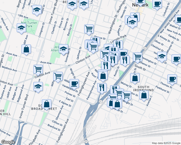 map of restaurants, bars, coffee shops, grocery stores, and more near 17 Frelinghuysen Avenue in Newark