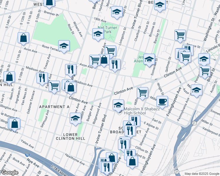 map of restaurants, bars, coffee shops, grocery stores, and more near 56 Ridgewood Avenue in Newark