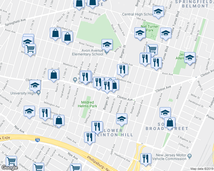 map of restaurants, bars, coffee shops, grocery stores, and more near 497 Clinton Avenue in Newark
