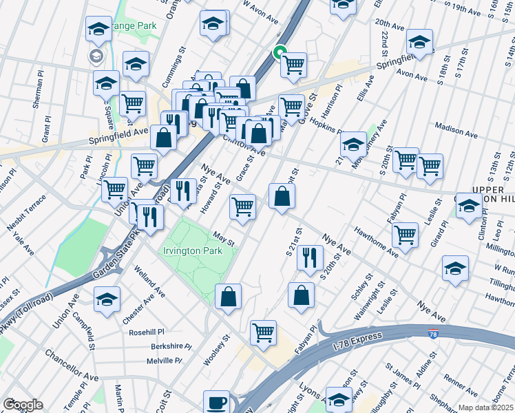 map of restaurants, bars, coffee shops, grocery stores, and more near 1090 County Road 509 in Irvington