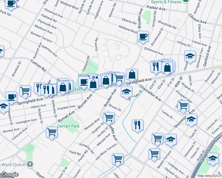 map of restaurants, bars, coffee shops, grocery stores, and more near 1585 Springfield Avenue in Maplewood