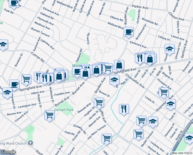 map of restaurants, bars, coffee shops, grocery stores, and more near 1581-85 Springfield Avenue in Maplewood