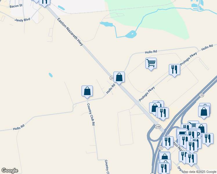 map of restaurants, bars, coffee shops, grocery stores, and more near 3898 Hollow Road in Nazareth