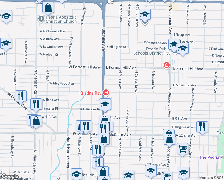 map of restaurants, bars, coffee shops, grocery stores, and more near 214 East Corrington Avenue in Peoria