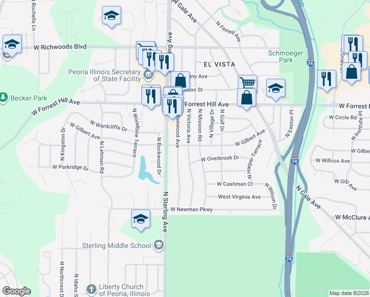 map of restaurants, bars, coffee shops, grocery stores, and more near 2810 North Renwood Avenue in Peoria