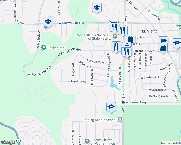 map of restaurants, bars, coffee shops, grocery stores, and more near 2722 North Elmcroft Drive in Peoria