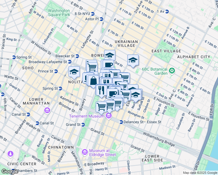 map of restaurants, bars, coffee shops, grocery stores, and more near 231 Eldridge Street in New York