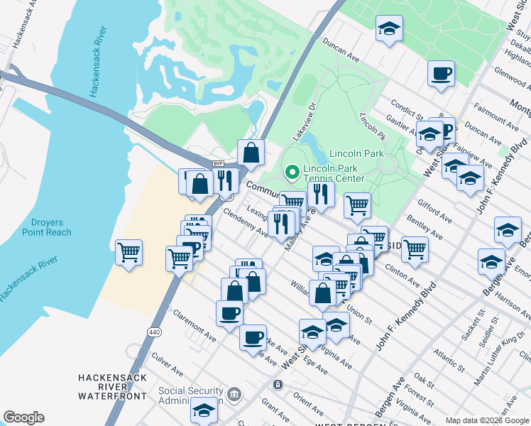 map of restaurants, bars, coffee shops, grocery stores, and more near 259 Lexington Avenue in Jersey City