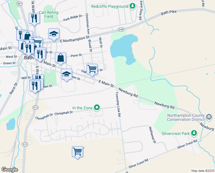 map of restaurants, bars, coffee shops, grocery stores, and more near 620 East Main Street in Bath