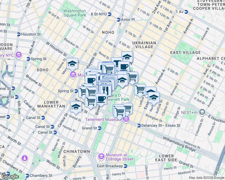 map of restaurants, bars, coffee shops, grocery stores, and more near 187 Chrystie Street in New York
