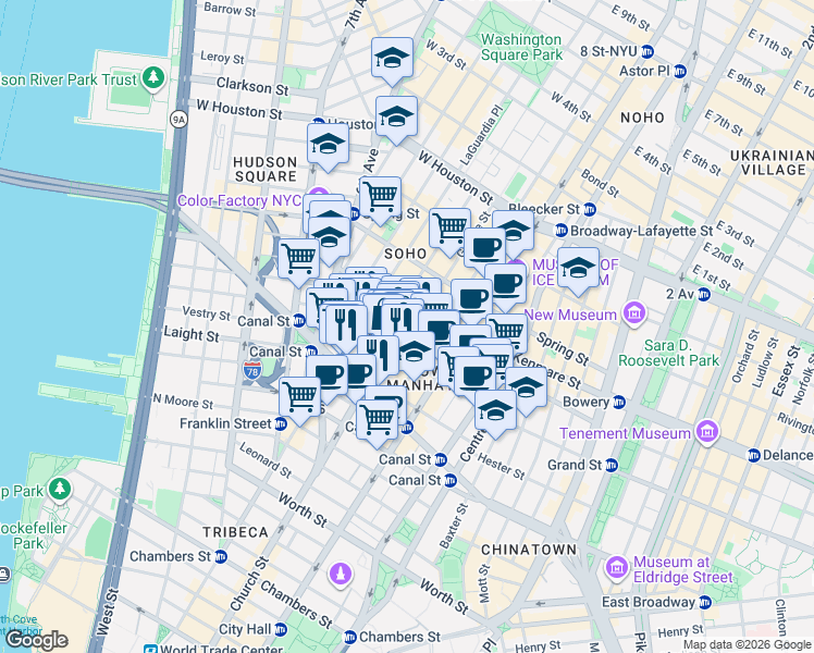 map of restaurants, bars, coffee shops, grocery stores, and more near 78 Grand Street in New York