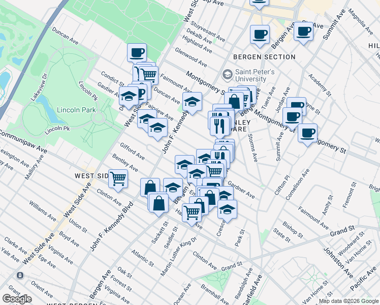 map of restaurants, bars, coffee shops, grocery stores, and more near 19 Kensington Avenue in Jersey City