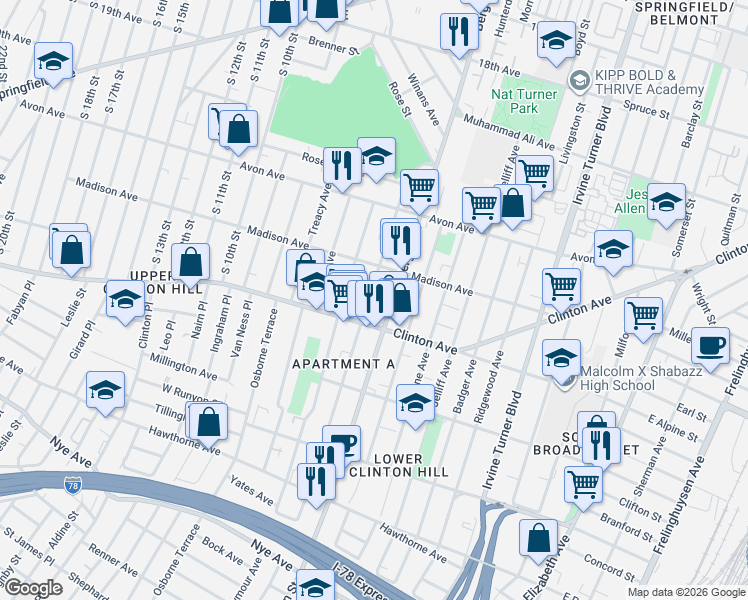 map of restaurants, bars, coffee shops, grocery stores, and more near 112 Chadwick Avenue in Newark
