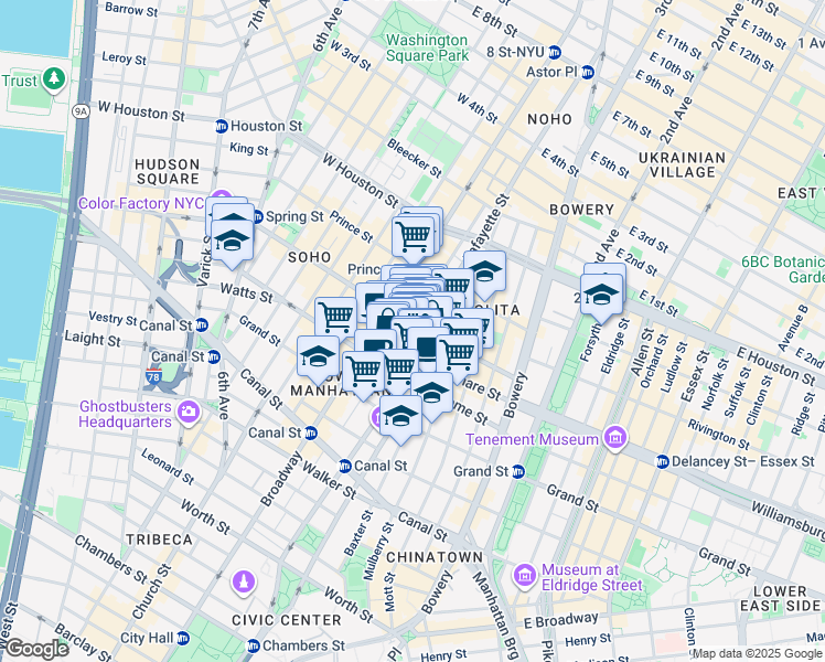 map of restaurants, bars, coffee shops, grocery stores, and more near 226 Lafayette Street in New York