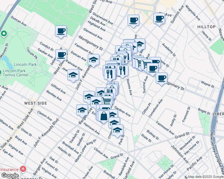 map of restaurants, bars, coffee shops, grocery stores, and more near 43 Fairview Avenue in Jersey City