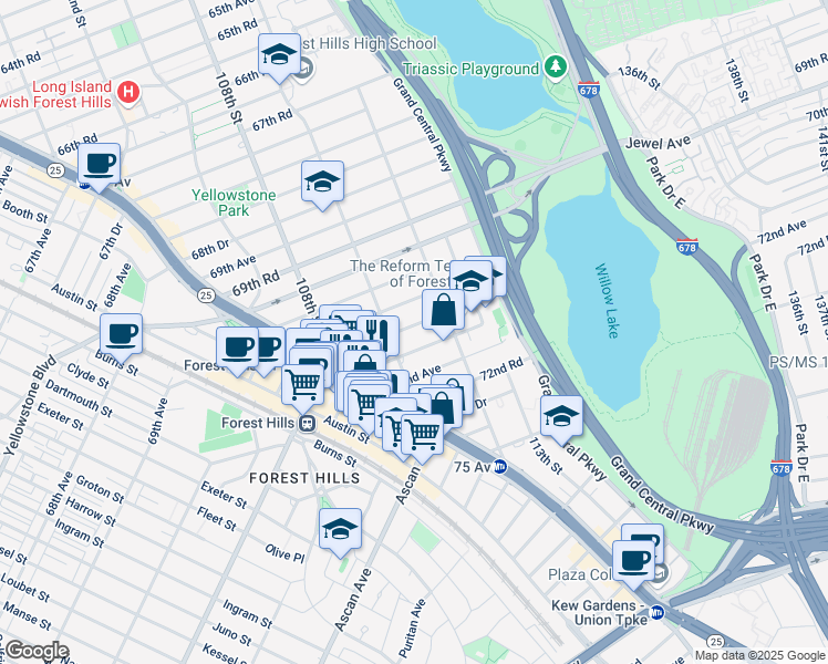 map of restaurants, bars, coffee shops, grocery stores, and more near 110-15 71st Road in Queens