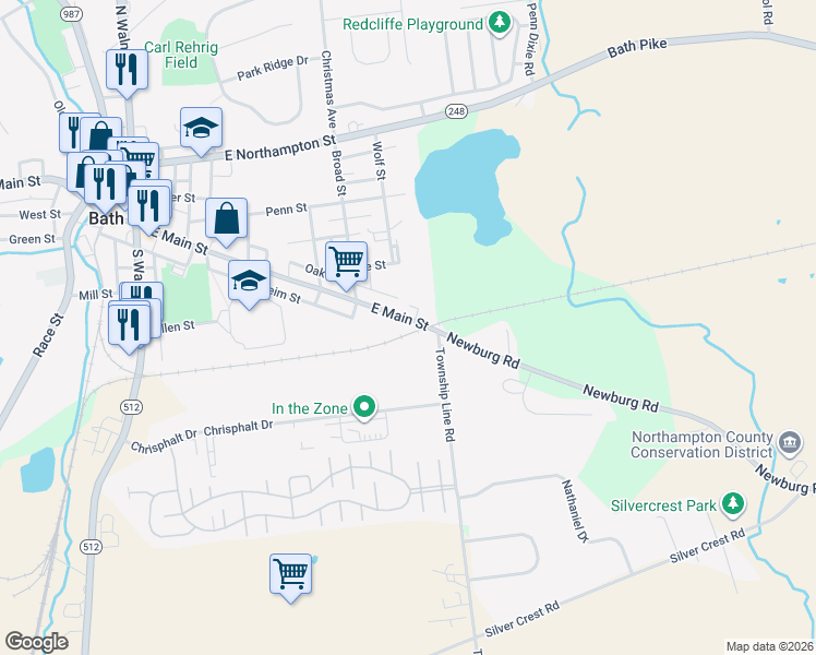 map of restaurants, bars, coffee shops, grocery stores, and more near 620 East Main Street in Bath