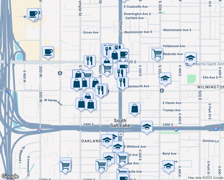 map of restaurants, bars, coffee shops, grocery stores, and more near 61 Central Pointe Place in South Salt Lake