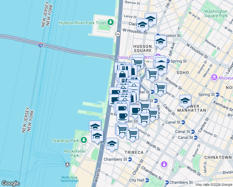 map of restaurants, bars, coffee shops, grocery stores, and more near 88 Laight Street in New York