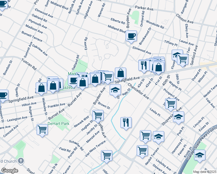 map of restaurants, bars, coffee shops, grocery stores, and more near 264 Boyden Avenue in Maplewood