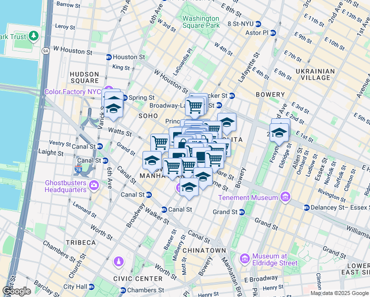 map of restaurants, bars, coffee shops, grocery stores, and more near 226 Lafayette Street in New York