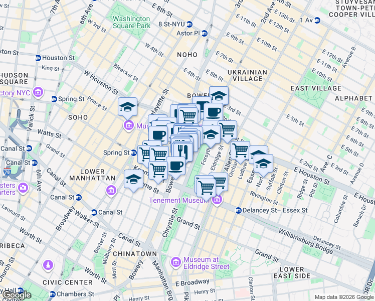 map of restaurants, bars, coffee shops, grocery stores, and more near 187 Chrystie Street in New York