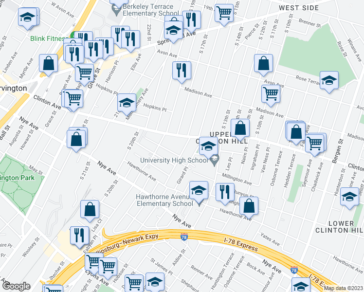 map of restaurants, bars, coffee shops, grocery stores, and more near 17 Leslie Street in Newark