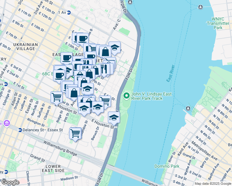 map of restaurants, bars, coffee shops, grocery stores, and more near 749 FDR Drive in New York