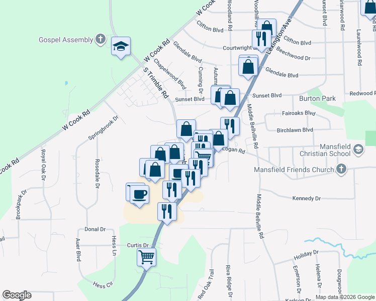 map of restaurants, bars, coffee shops, grocery stores, and more near 1311 South Trimble Road in Mansfield