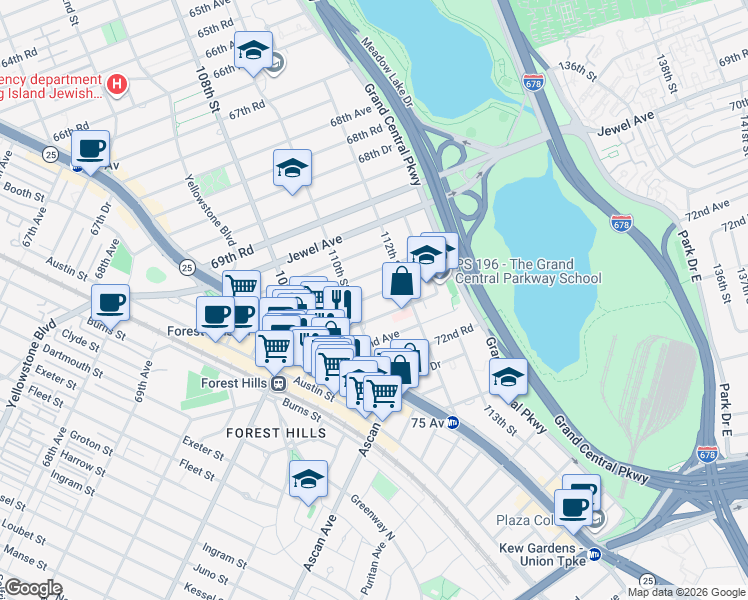 map of restaurants, bars, coffee shops, grocery stores, and more near 110-15 71st Road in Queens
