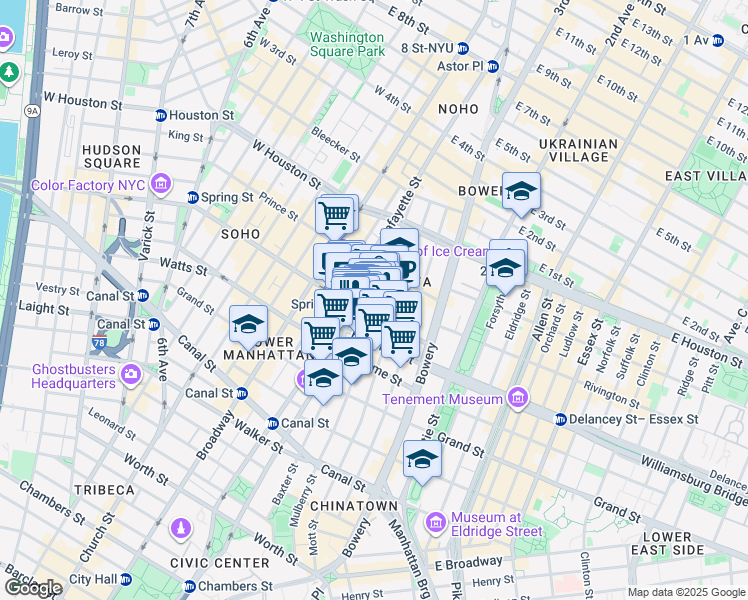 map of restaurants, bars, coffee shops, grocery stores, and more near 234 Mulberry Street in New York