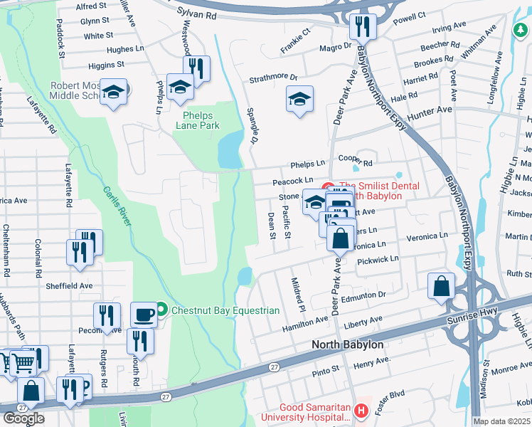 map of restaurants, bars, coffee shops, grocery stores, and more near 35 Dean Street in North Babylon