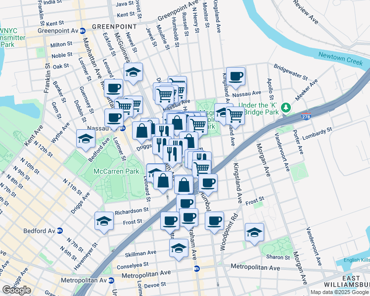 map of restaurants, bars, coffee shops, grocery stores, and more near 45 Broome Street in Brooklyn