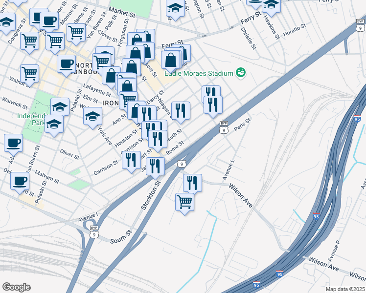 map of restaurants, bars, coffee shops, grocery stores, and more near 23-37 Rome Street in Newark
