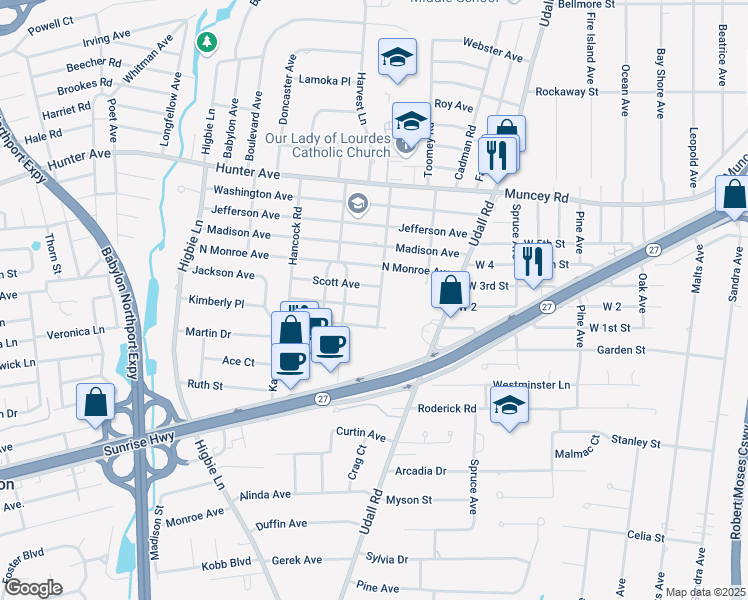 map of restaurants, bars, coffee shops, grocery stores, and more near 141 Dunwoodie Avenue in West Islip