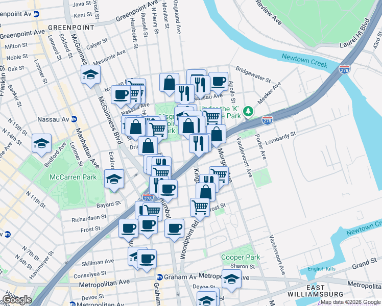 map of restaurants, bars, coffee shops, grocery stores, and more near 150 Kingsland Avenue in Brooklyn